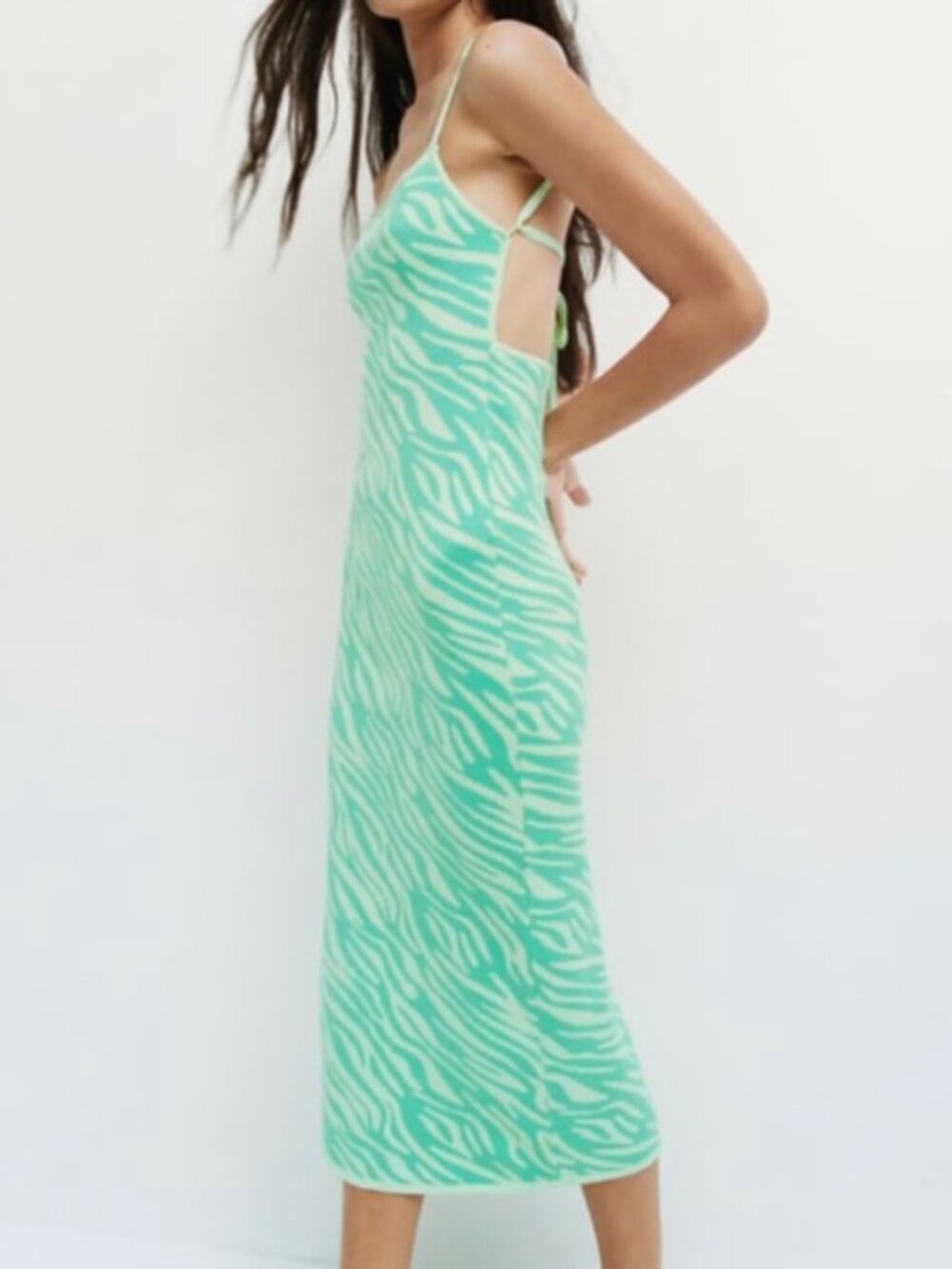 Zara Mint Green Zebra Knit Slip Dress with Strappy Back Size Small Women's